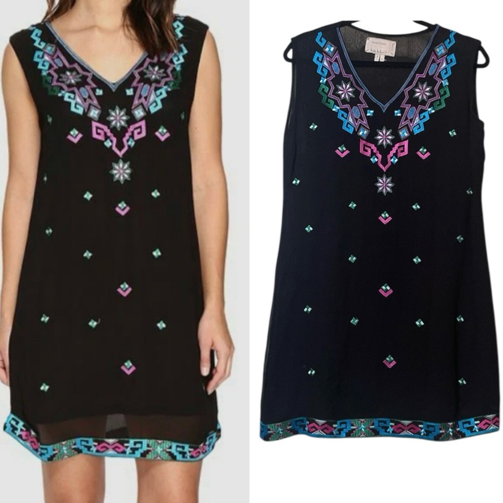 Nicole Miller Artelier Embroidered Black Dress with Multicolor Accents Aztec S
